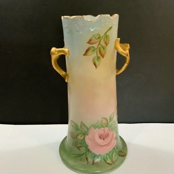 Large Vase Porcelain Roses Gold tone Trim Signed 12 inches Tall Vintage